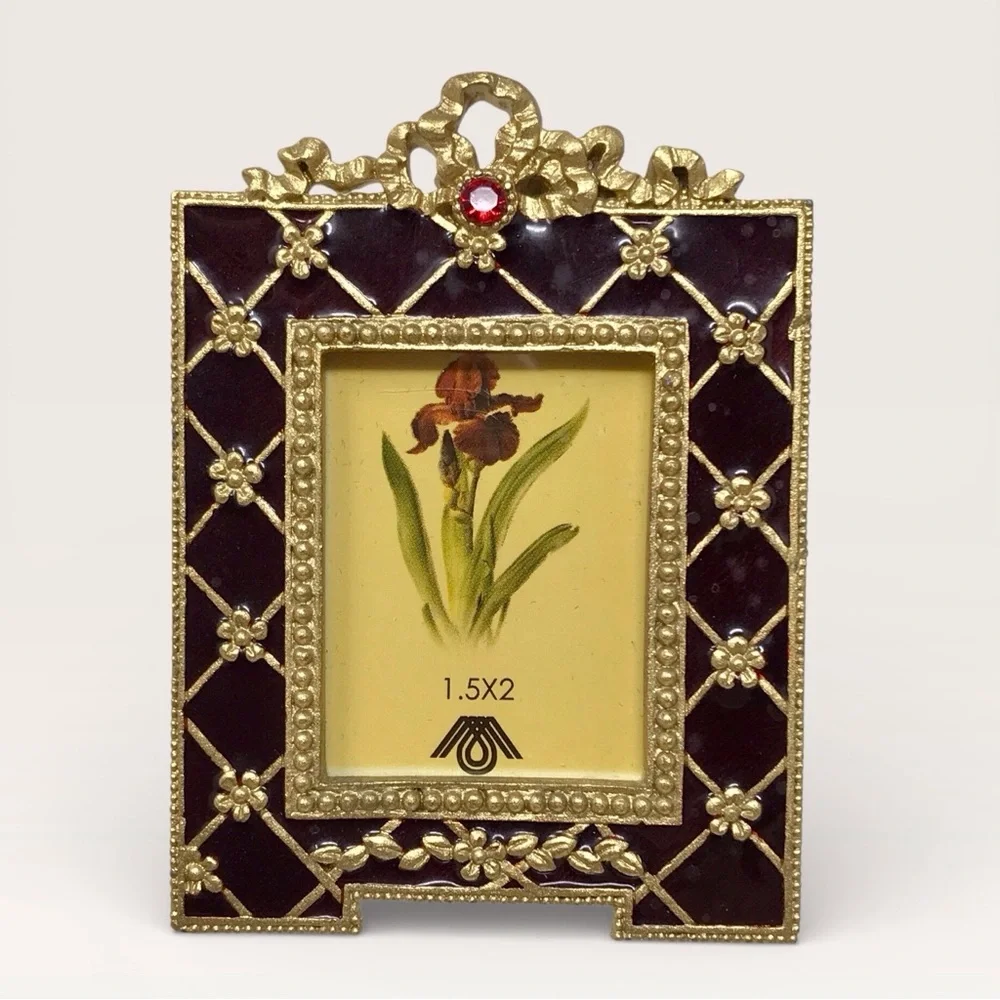 Vintage Mini Gold & Black Enameled Picture Frame with Red Accent  1.5